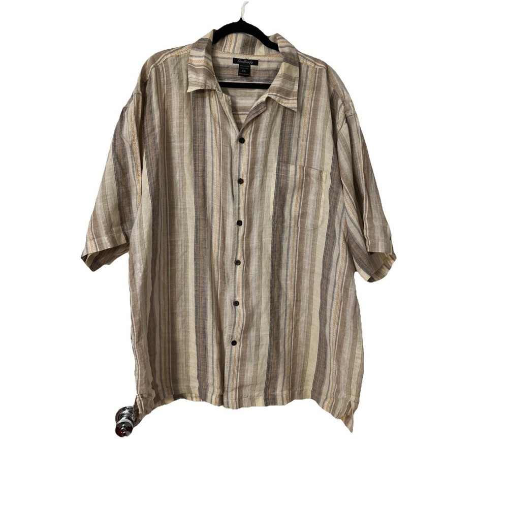 Godbody Shirt Men 2XL Vertical Striped Linen Hawaiian Loop Collar Button Up Vtg
